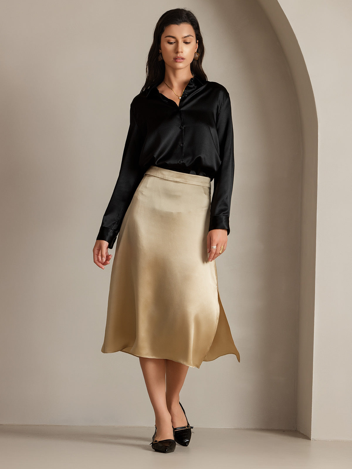 19Momme Silk Solid Color Elegant Split Hem Skirt