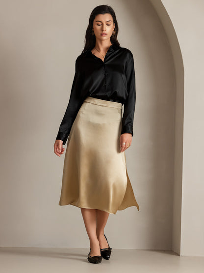 19Momme Silk Solid Color Elegant Split Hem Skirt