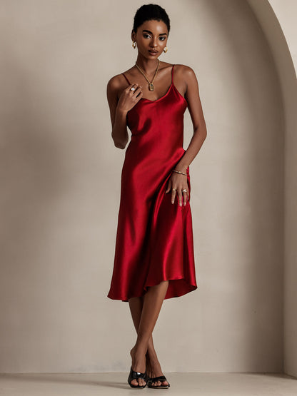 Pure Silk Elegant Sexy Spaghetti Strap Long Dress