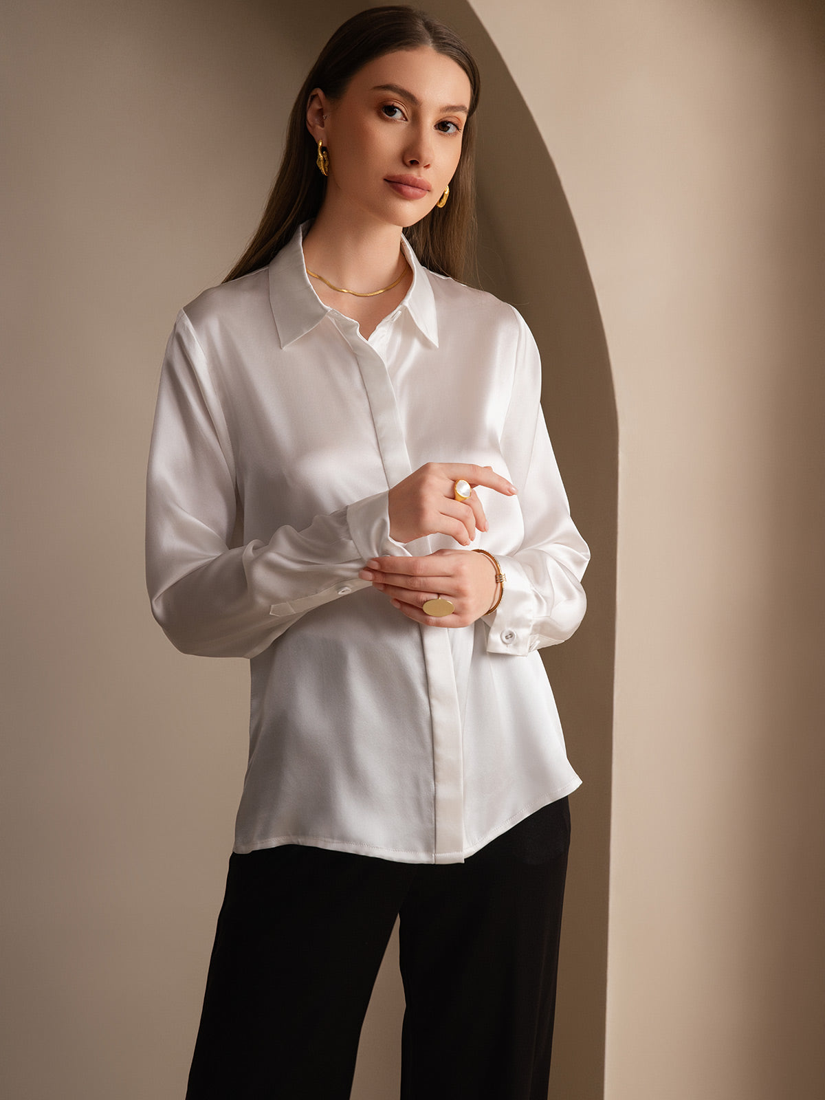 19 Momme Silk Solid Color Basic Long-Sleeved Shirt