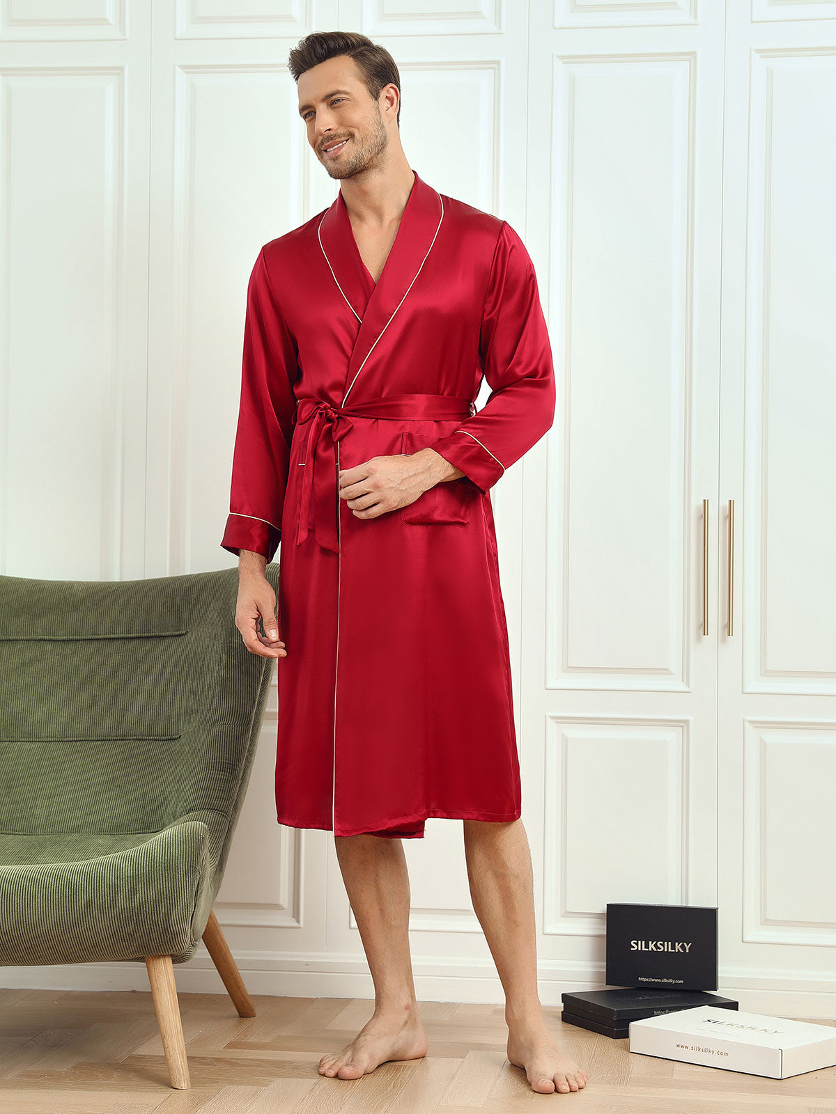 Pure Silk Piping Trim Belted Mens Robe