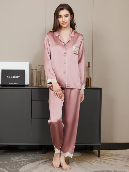 Pure Silk Casual Button Up Womens Pajamas 2Pcs