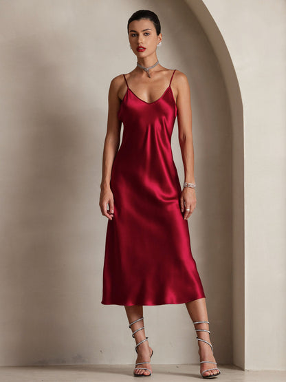 Pure Silk Solid Color Spaghetti Strap Long Dress