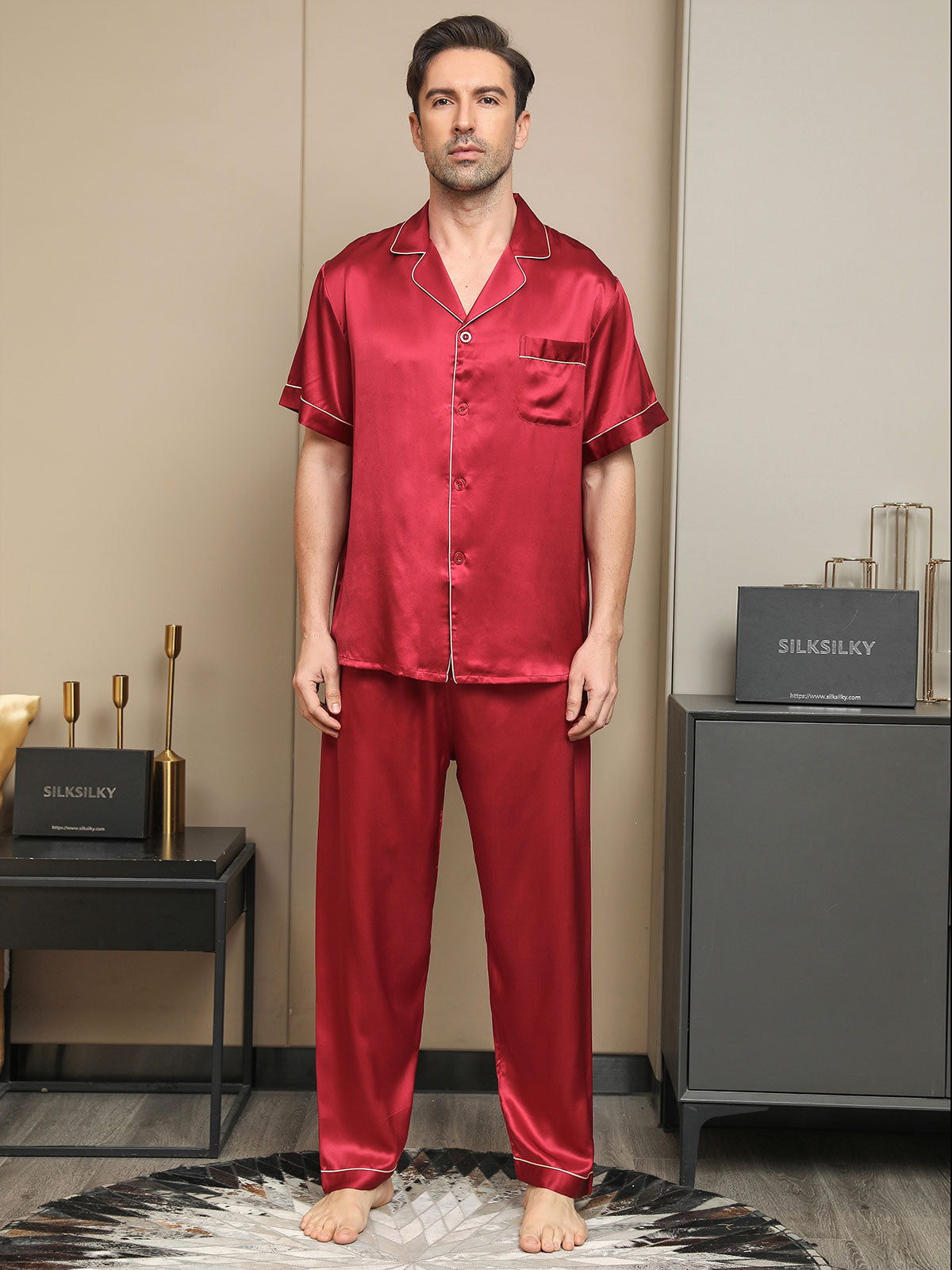 Piping Trim Men‘s Pure Silk Pajamas