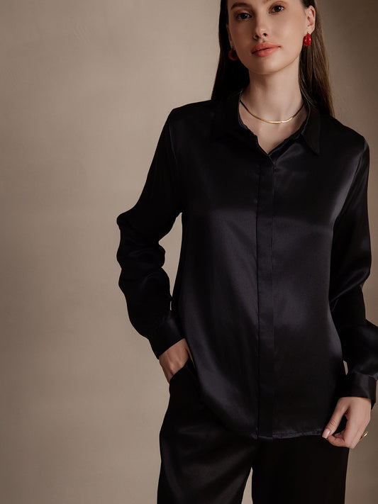 19 Momme Silk Solid Color Basic Long-Sleeved Shirt