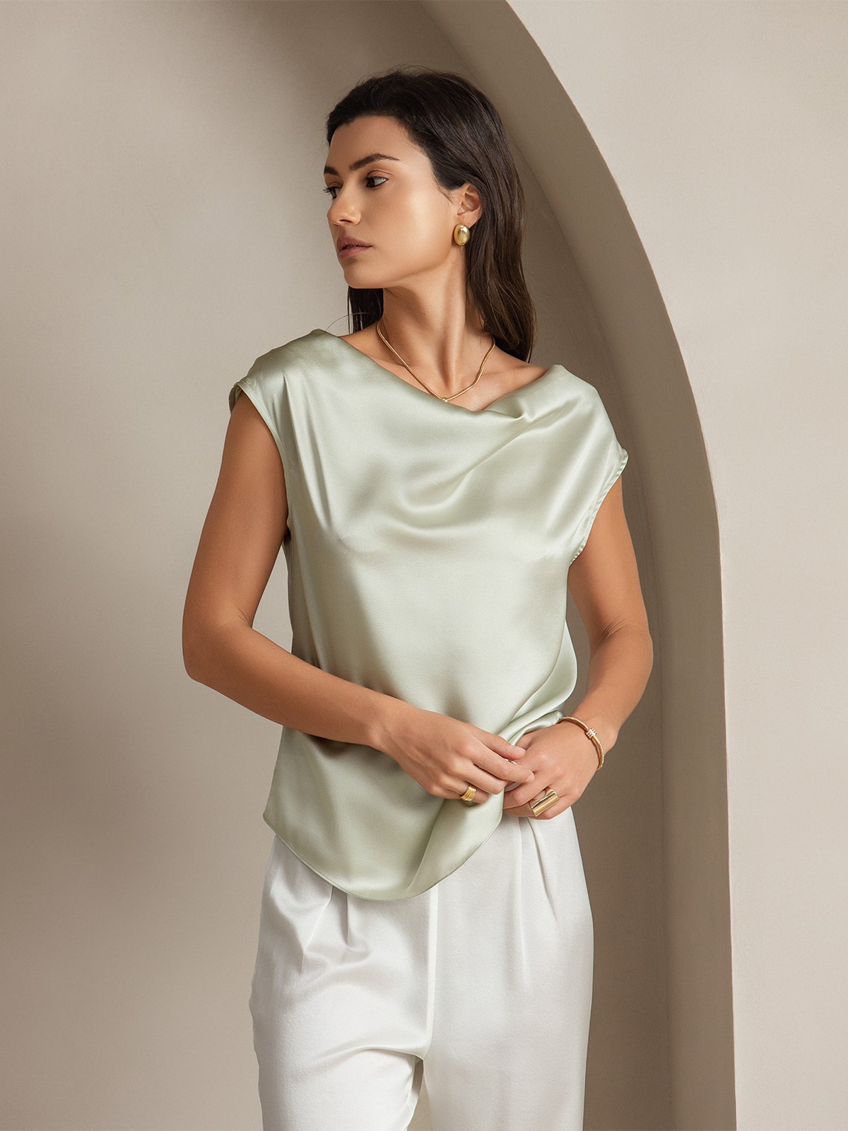 19Momme Silk Cowl Neck Sleeveless Top