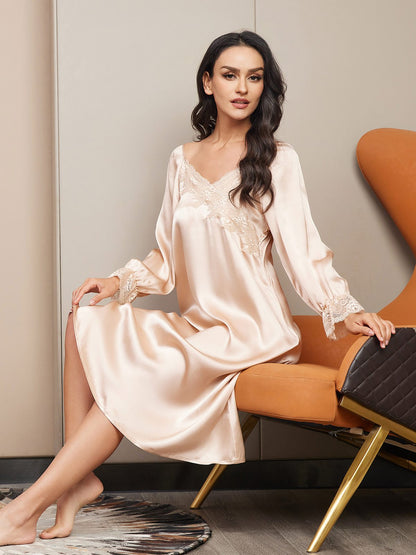 Women's Silk Lace Long Sleeve Midi Nightgown