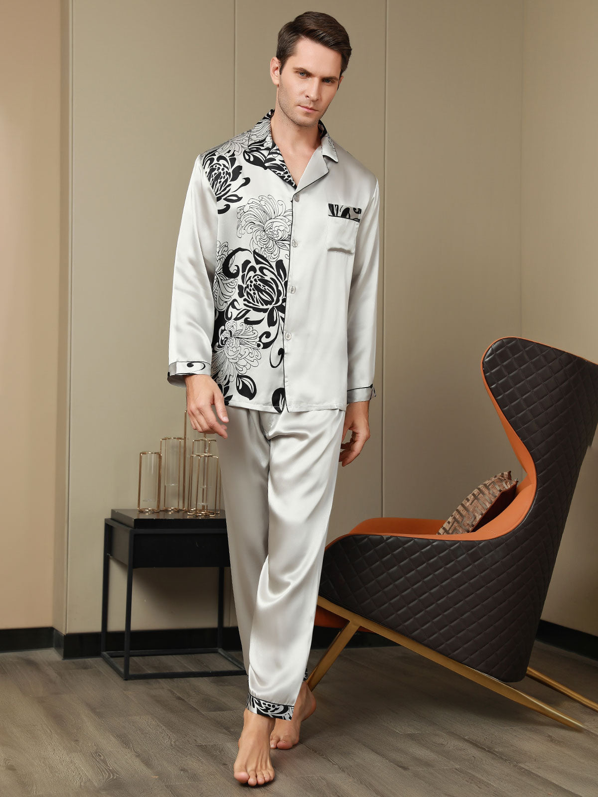 Pure Silk Men‘s Floral Printed Lapel Pajama Set