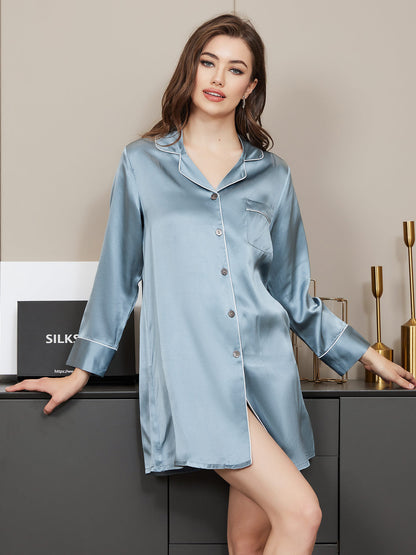 Pure Silk Solid Color Classic Button Up Nightshirt