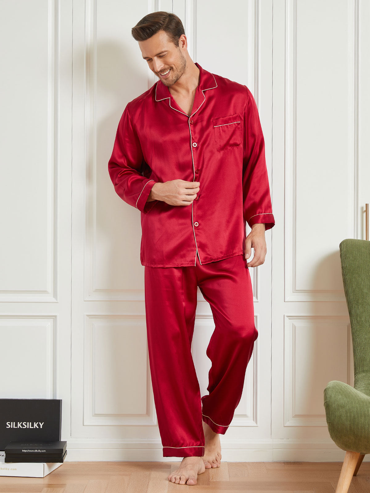 Silk Men's Lapel Long Sleeve Pajamas Set