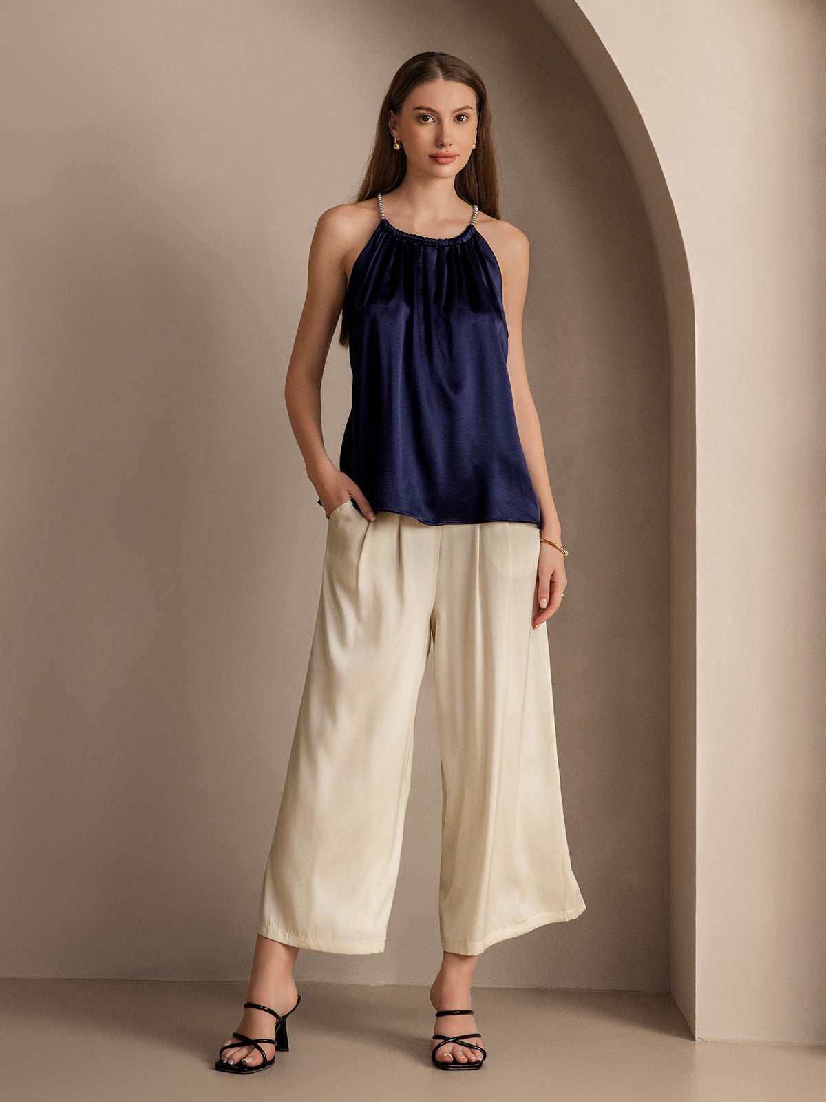 19Momme Silk Solid Color Casual Smooth Wide Leg Pants