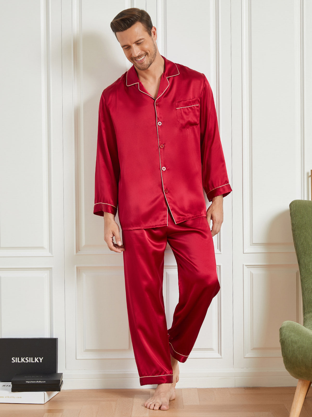 Silk Men's Lapel Long Sleeve Pajamas Set