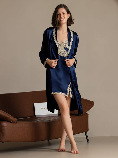 Women's Silk Flower Trim Nightgown With Robe Set