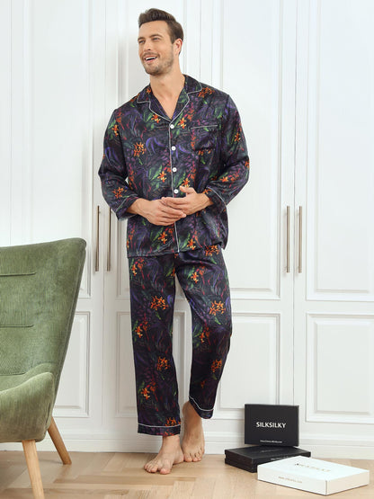 Pure Silk Floral Printed Lapel Men‘s Pajamas