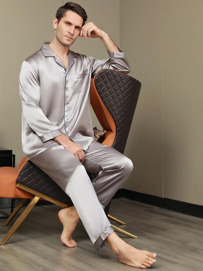 Pure Silk Men‘s Lapel Pajama Set 2Pcs