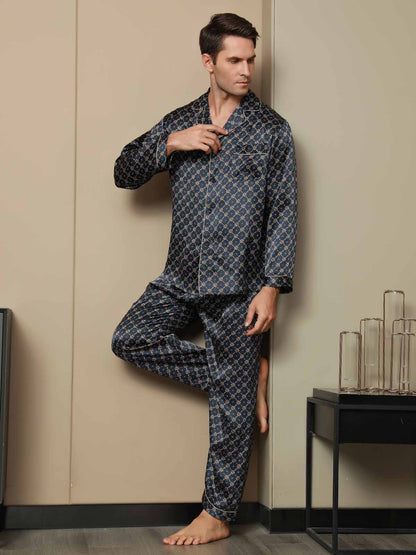 Printed Lapel Men‘s Pure Silk Pajamas