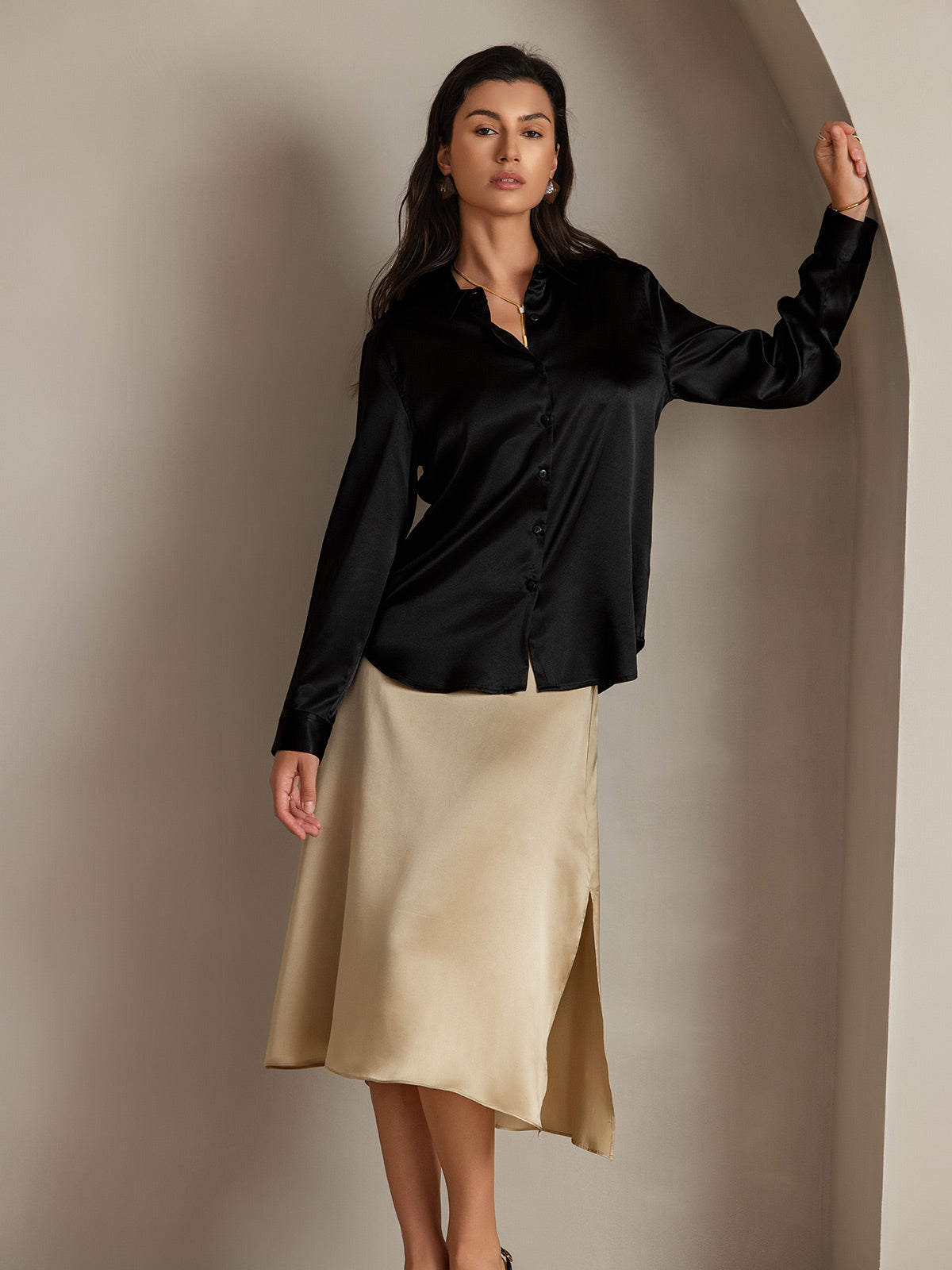 19Momme Silk Solid Color Elegant Split Hem Skirt