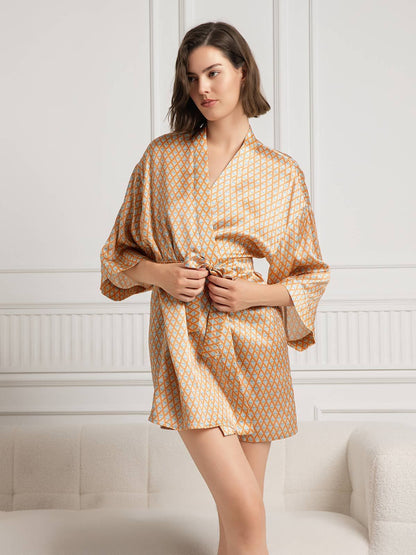 Pure Silk Printed 3/4 Sleeve Women's Robe (With belt)