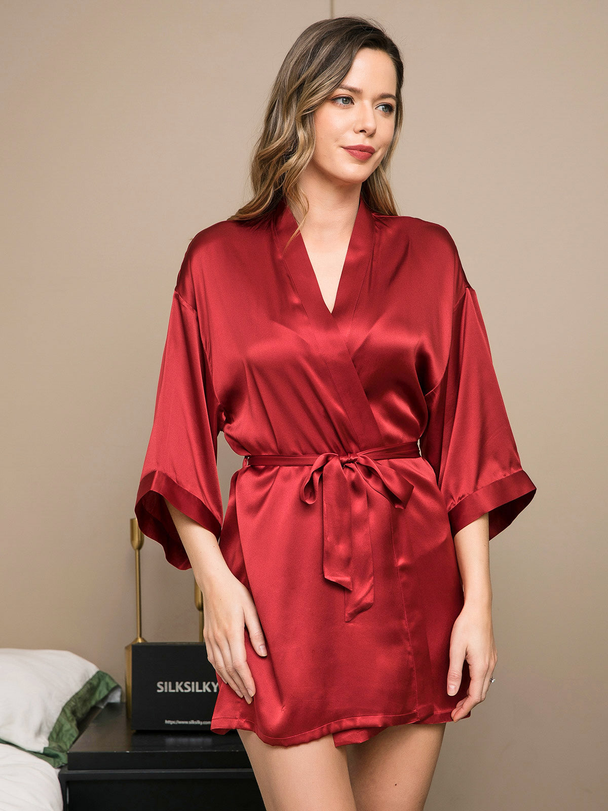 Glossy Pure Silk Short Robe For Women