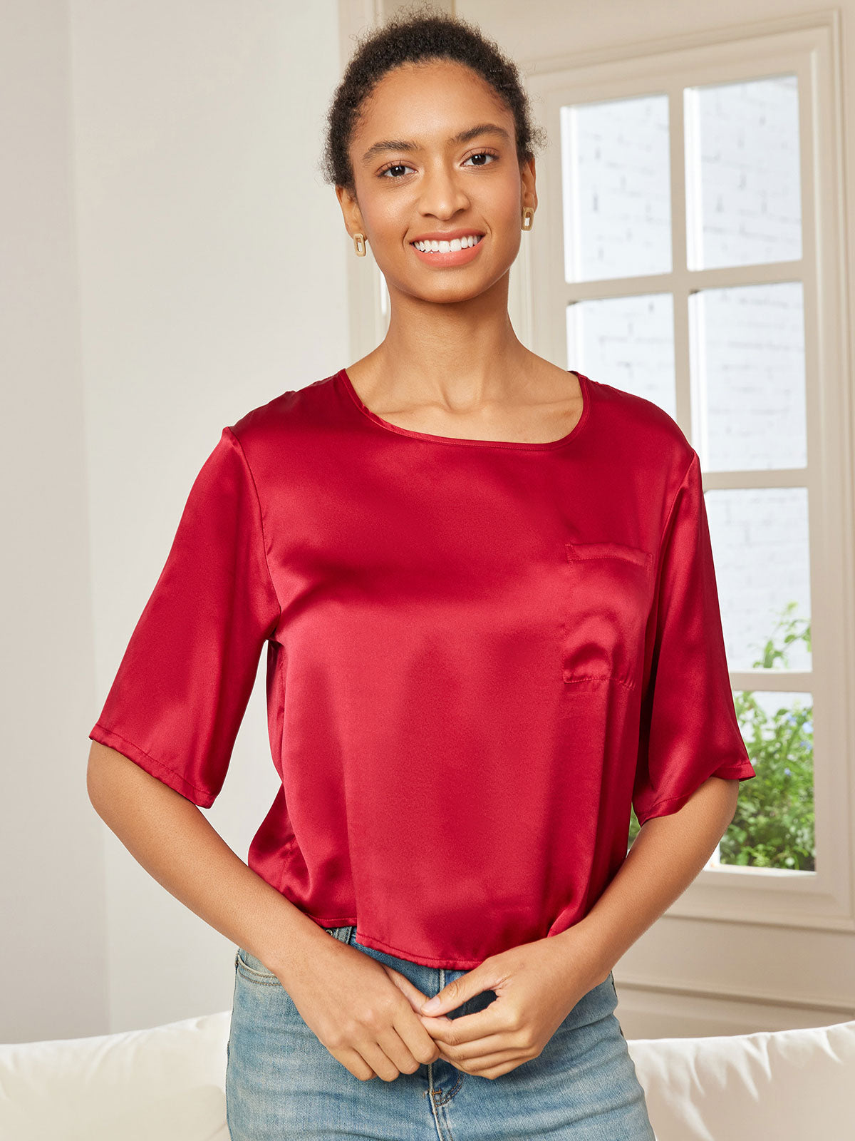 Pure Silk Casual Half Sleeve Women's Blouse T-Shirt