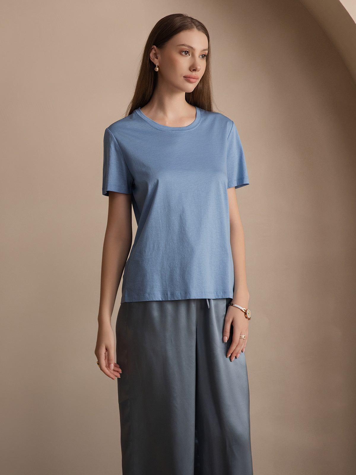 Silk Knitted Solid Color Womens T-Shirt