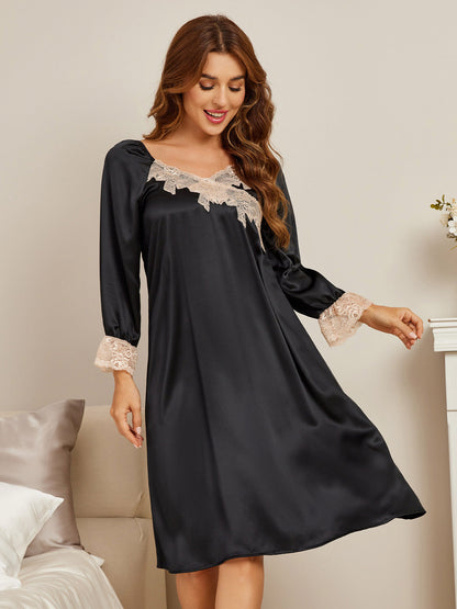 Pure Silk Women's Silk Lace Long Sleeve Midi Nightgown