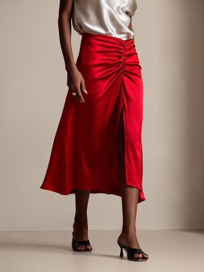 19Momme Silk Sexy Pleated High Slit Skirt