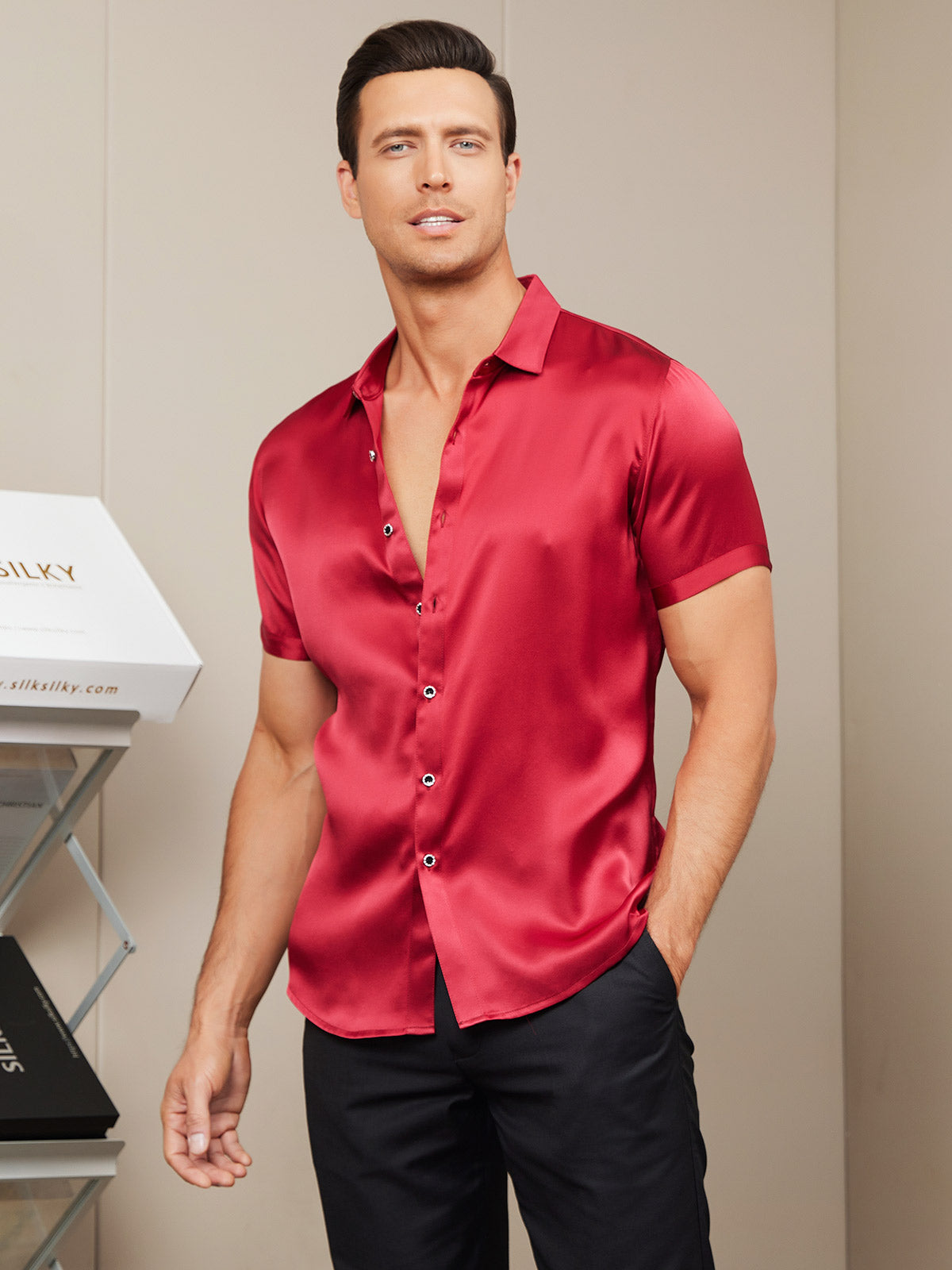 19Momme Mens Classic Short Sleeve Silk Shirt