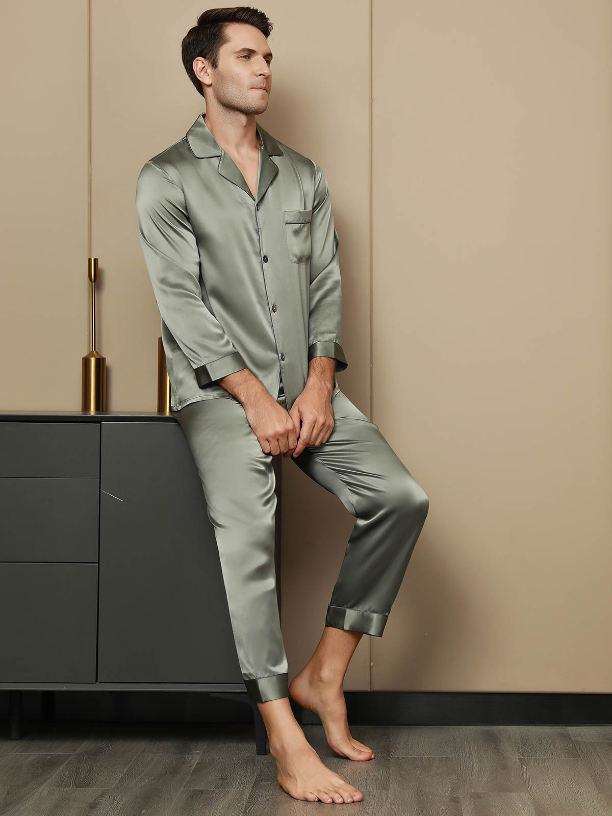 Pure Silk Men's Lapel Pajama Set 2Pcs