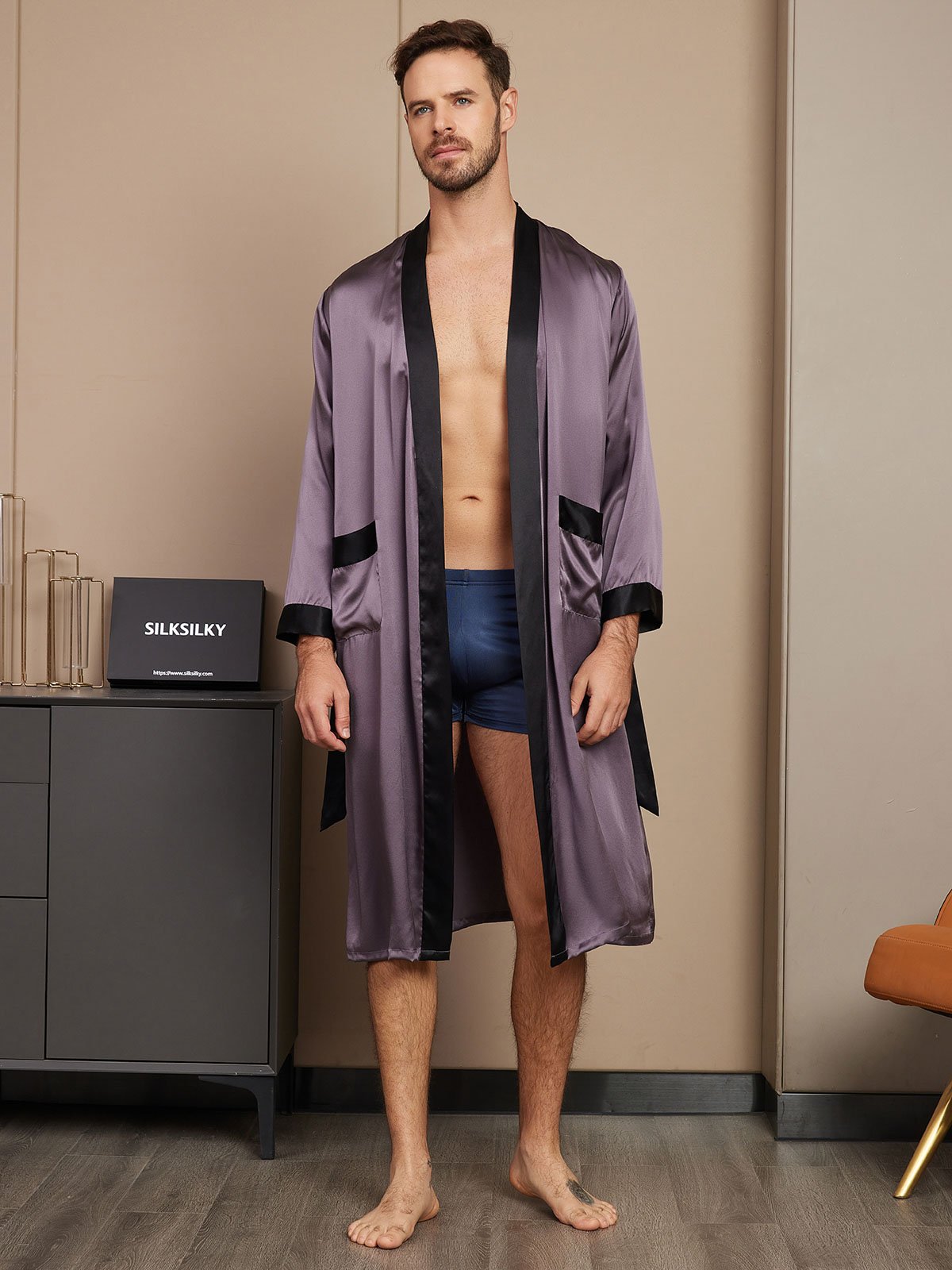 Pure Silk Classic Long Sleeve Mens Robe