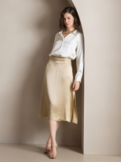 19Momme Silk Solid Color Elegant Split Hem Skirt