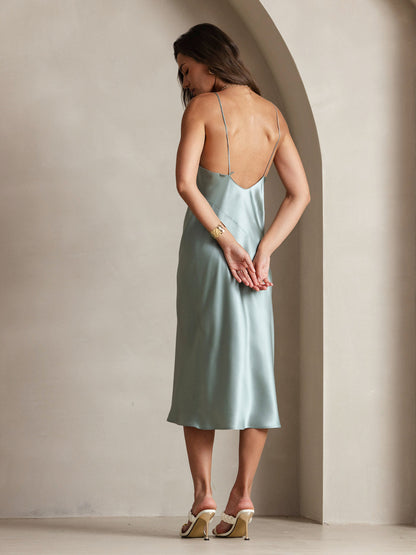 Silk Solid Color V-Neck Long Slip Dress