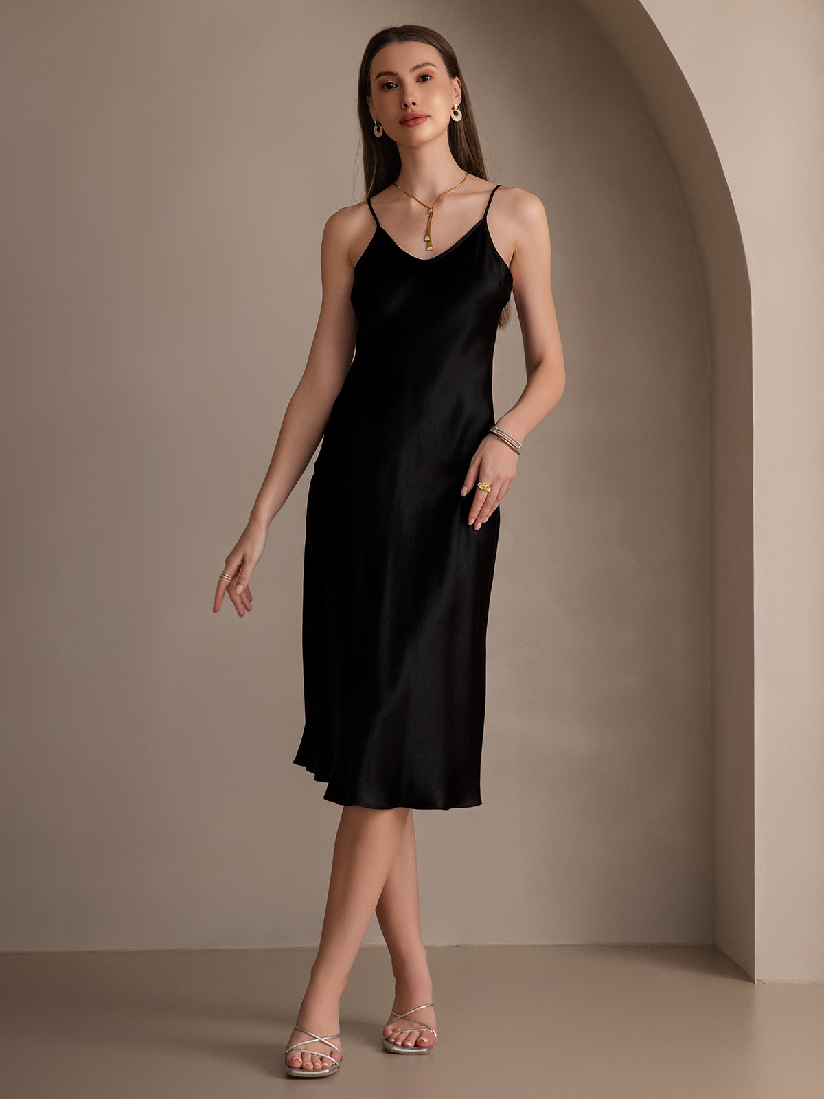 Pure Silk Elegant Sexy Spaghetti Strap Long Dress