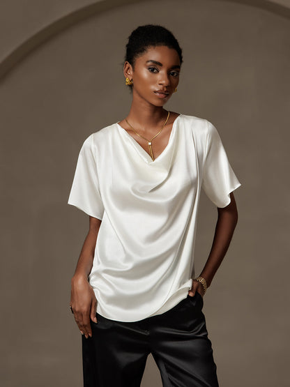 19Momme Silk Casual Cowl Neck Short Sleeve T-Shirt