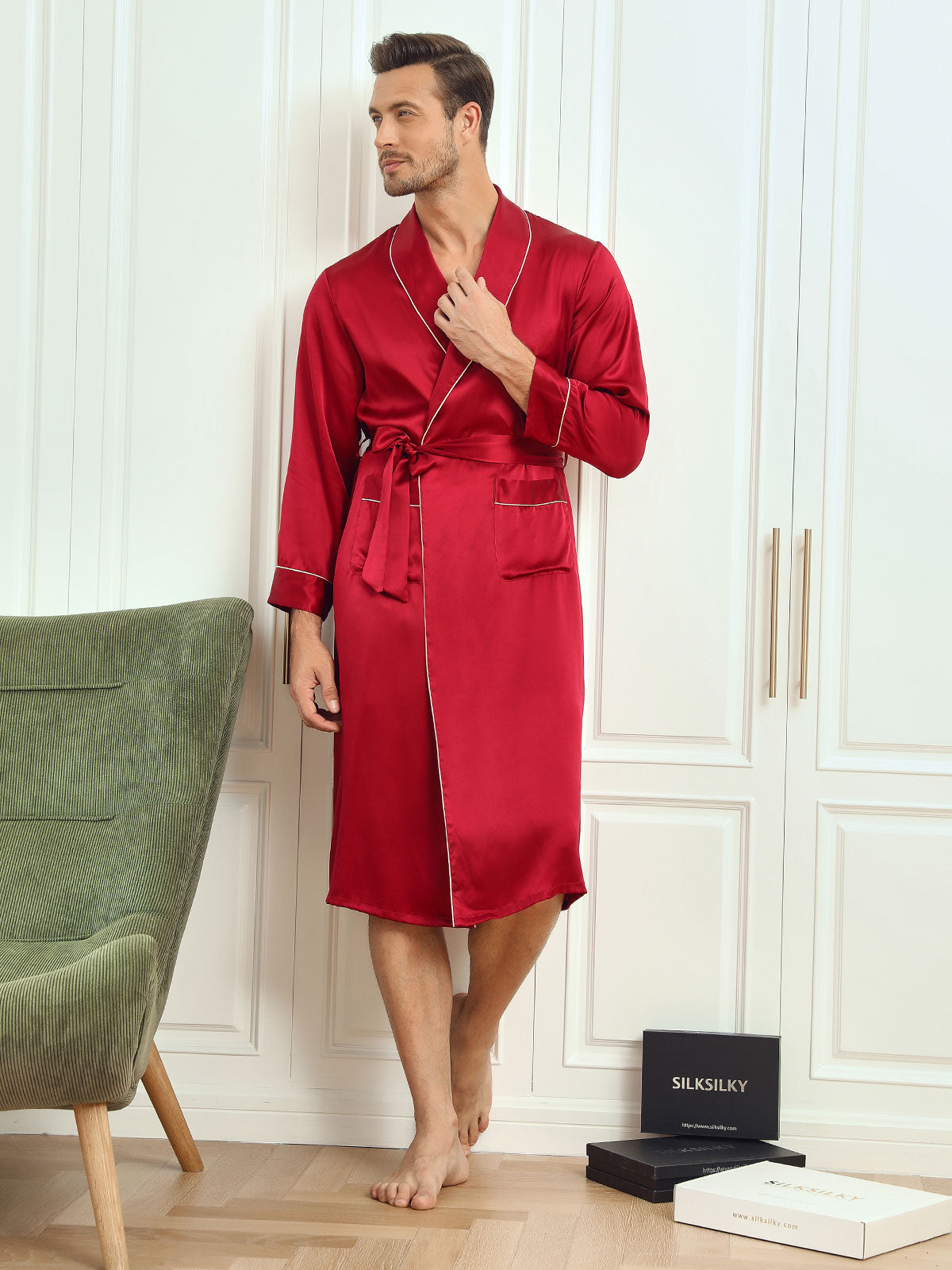 Pure Silk Piping Trim Belted Mens Robe