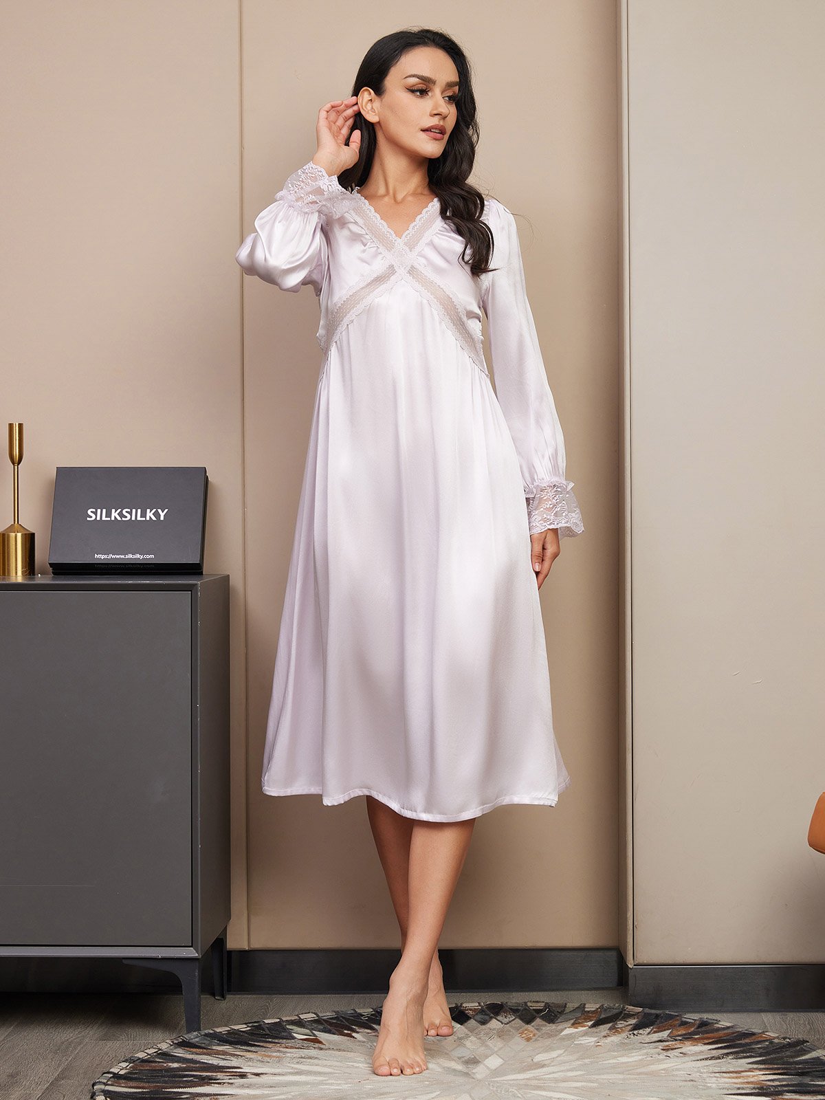 Pure Silk Long Sleeve Lace Nightgown