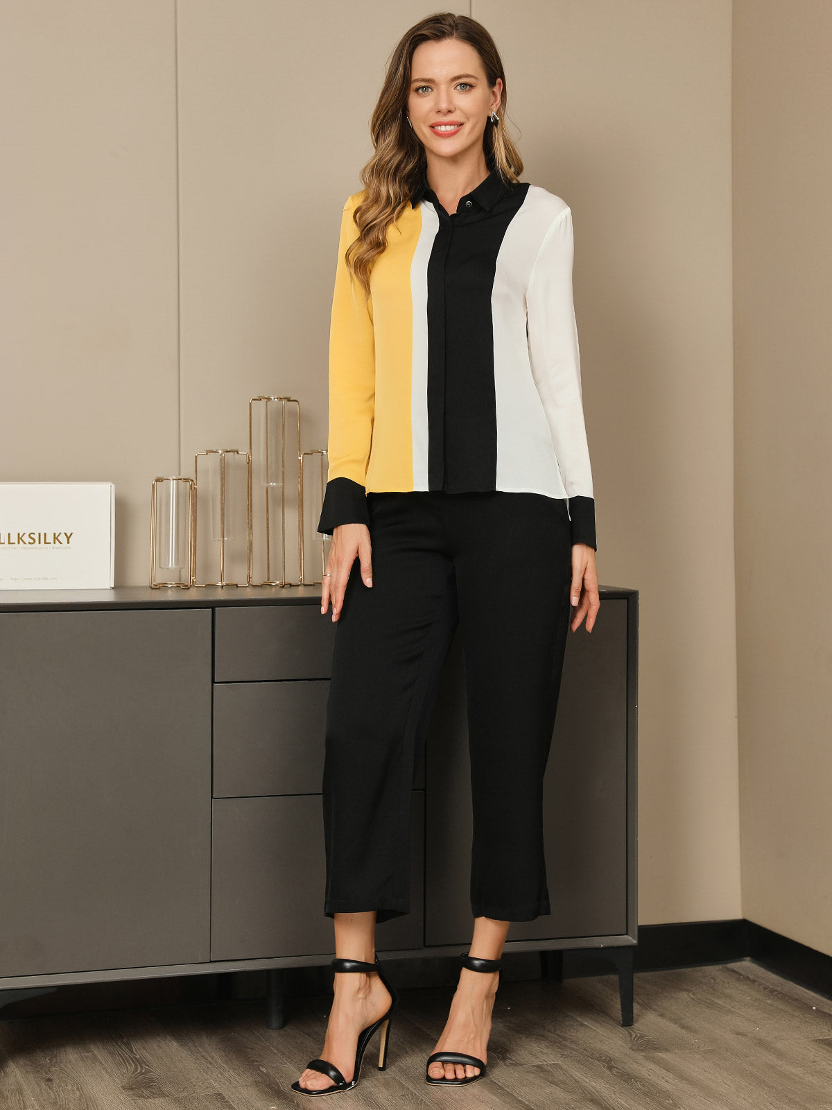 Silk Color Block Concealed Placket Shirt