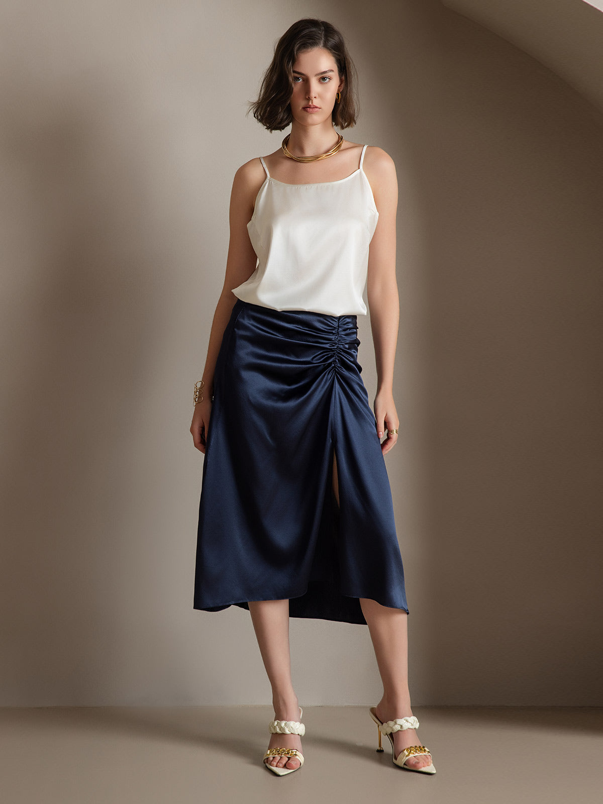 19Momme Silk Sexy Pleated High Slit Skirt