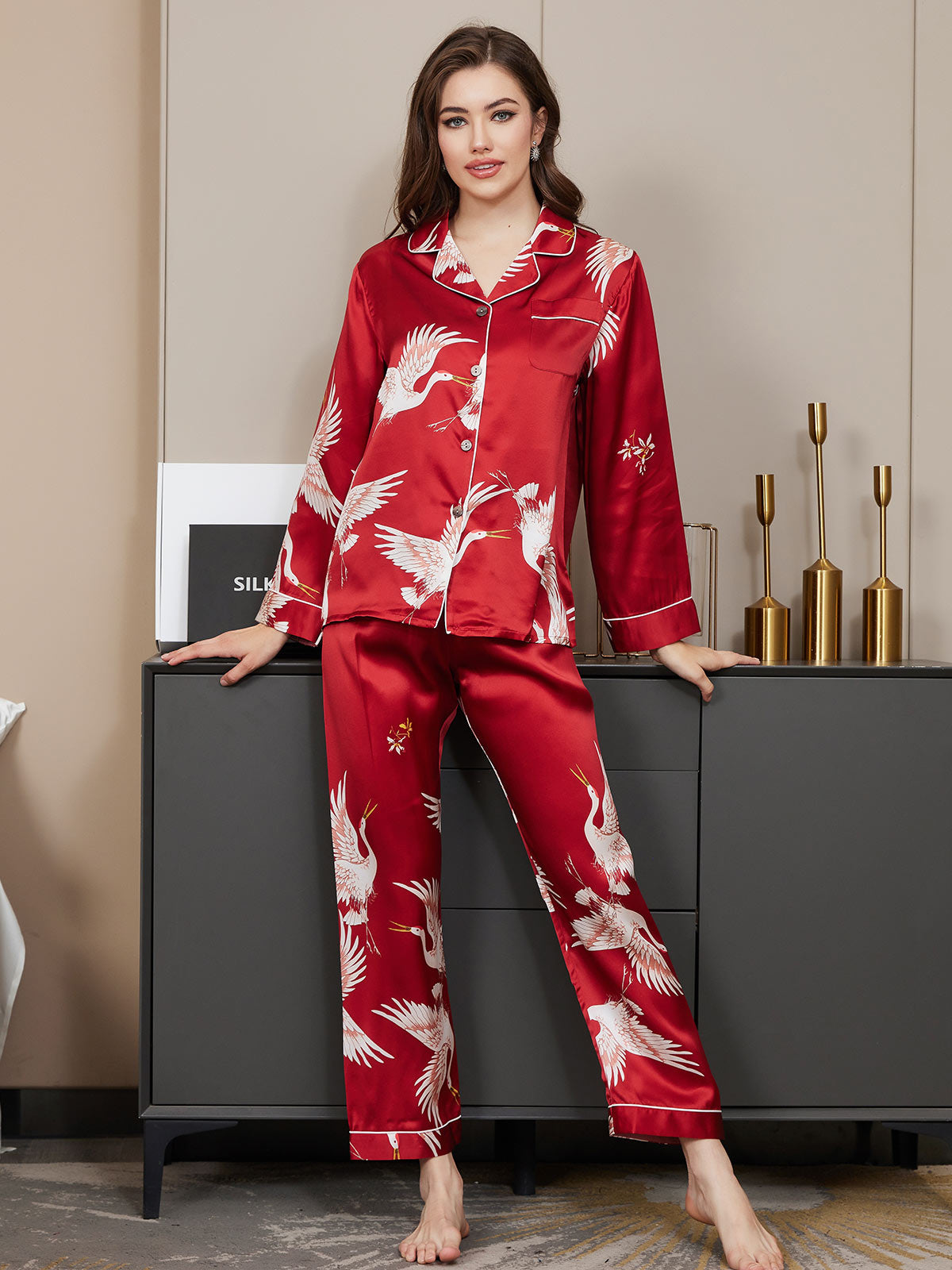 19Momme Pure Silk Printed Classic Binding Trim Womens Pajama set