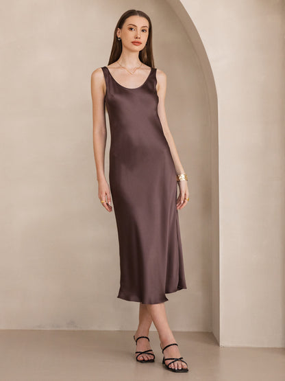 Pure Silk Solid Color Wide Strap Sleeveless Long Dress