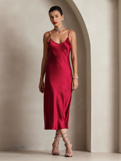 Pure Silk Solid Color Spaghetti Strap Long Dress