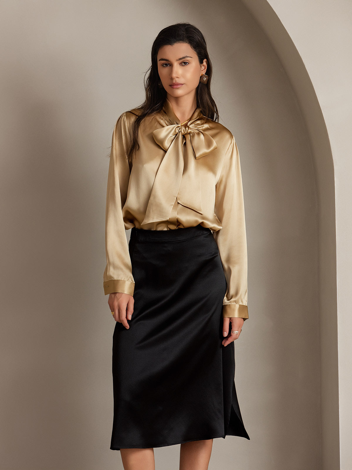 19Momme Silk Solid Color Elegant Split Hem Skirt