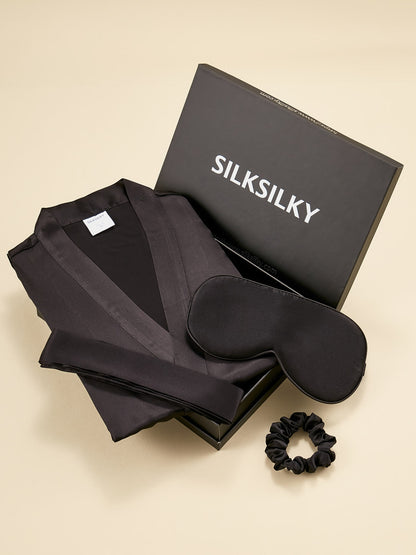 Gift Set - Silk Half Sleeve Belted Robe & Eye Mask & Scrunchie