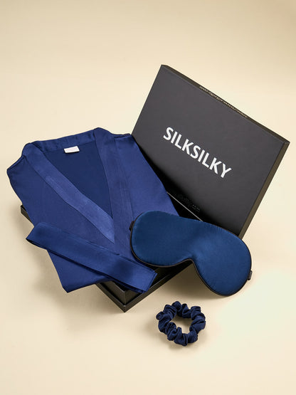 Gift Set - Silk Half Sleeve Belted Robe & Eye Mask & Scrunchie