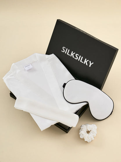 Gift Set - Silk Half Sleeve Belted Robe & Eye Mask & Scrunchie