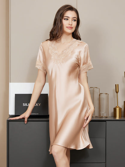 Pure Silk Casual Lace Trimmed Nightgown