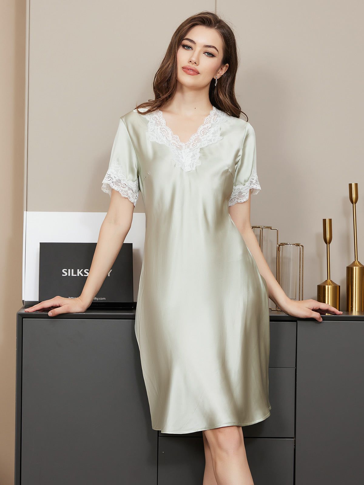 Pure Silk Casual Lace Trimmed Nightgown