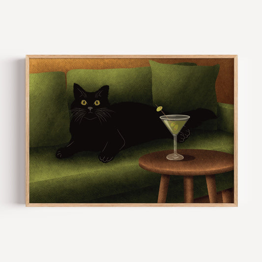 Black Cat on Sofa Art Print