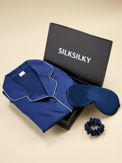 Gift Set - Silk Long Sleeve Pajama Set & Eye Mask & Scrunchie