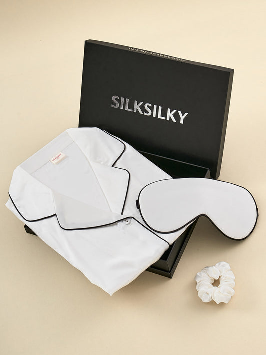 Gift Set - Silk Long Sleeve Pajama Set & Eye Mask & Scrunchie